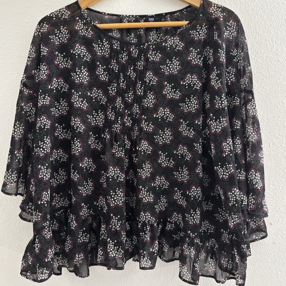 ANNA SUI Floral Blouse Black Chiffon 3/4 Sleeve Women Size S